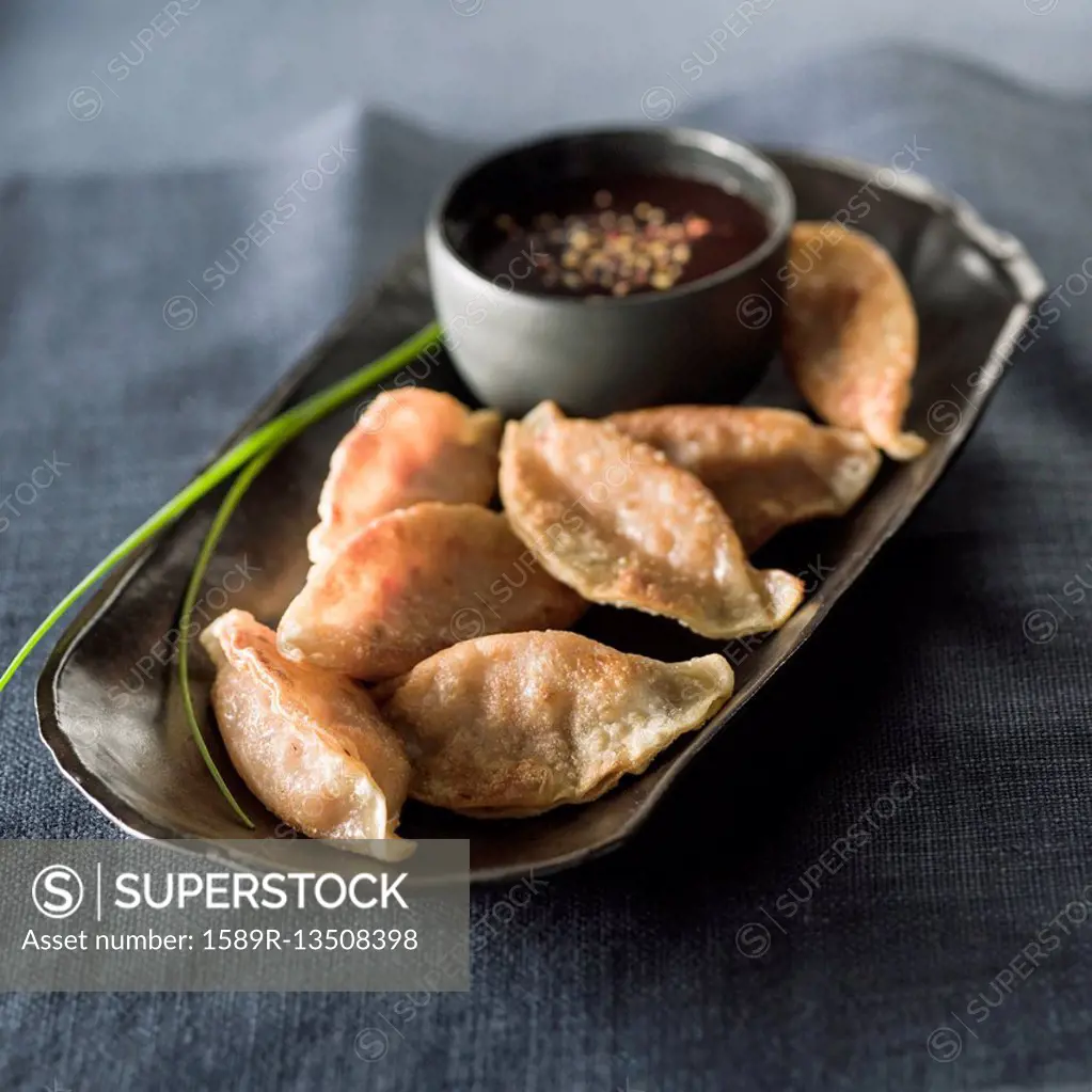 Pot stickers and sauce on tray