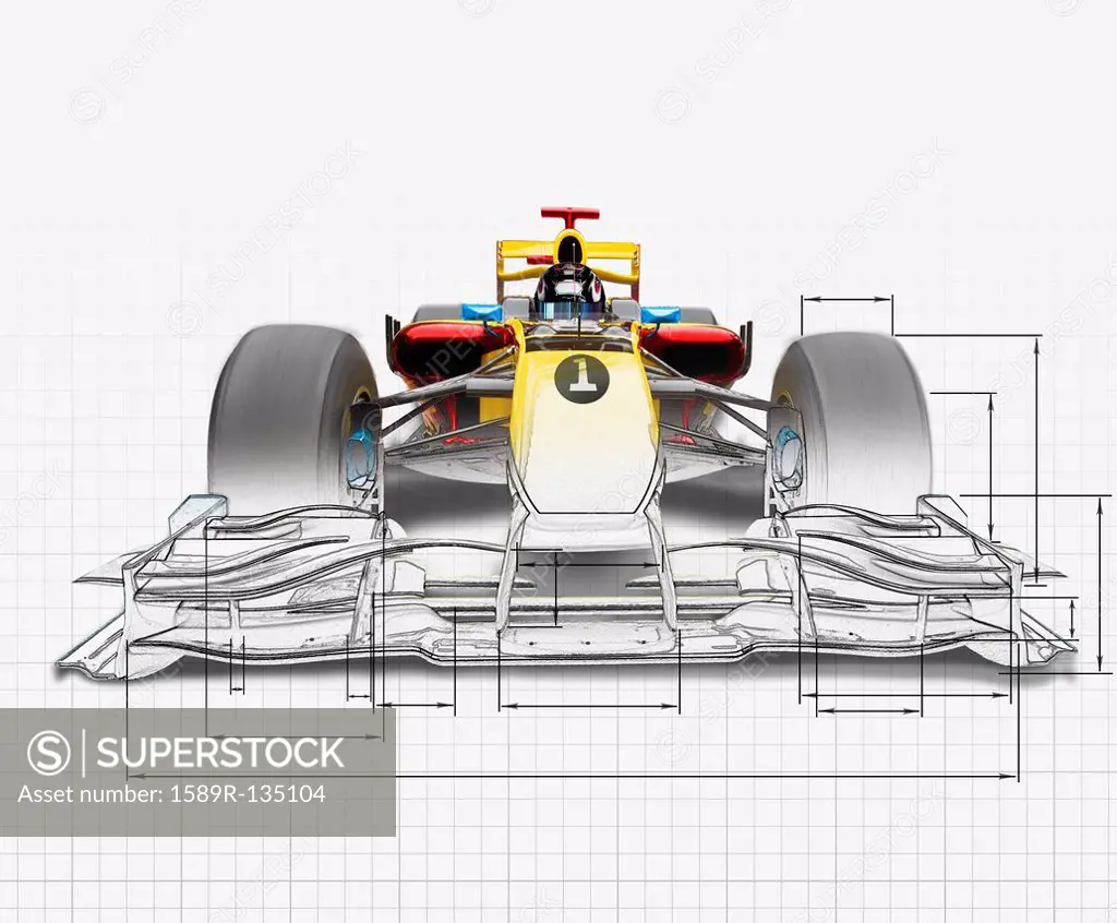 Unfinished drawing of yellow race car with driver
