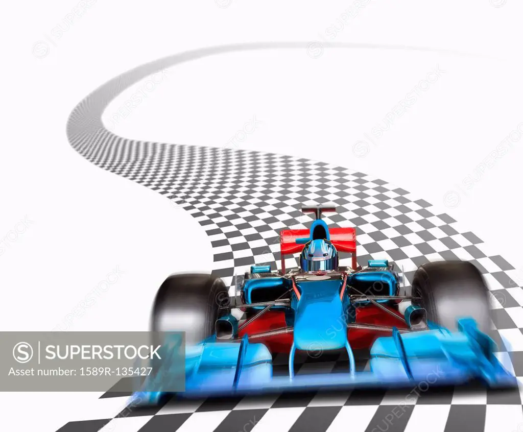 Blue race car driving on checkerboard road