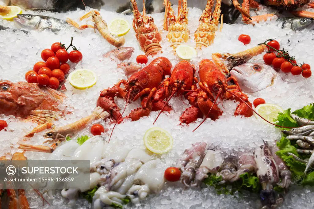 Close up of seafood displayed on ice