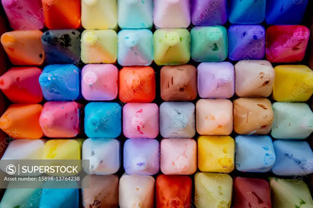 Close up of multicolor crayon tips
