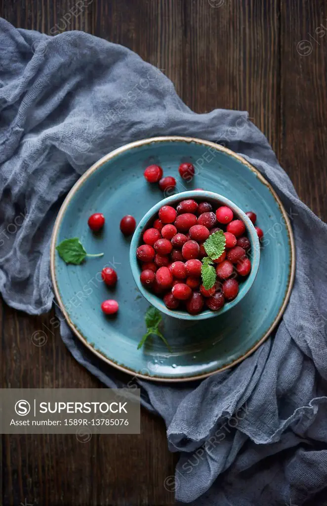 Frozen red berries on wooden table