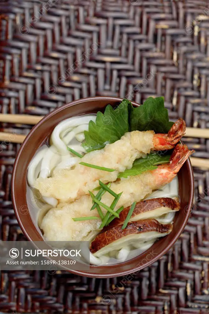 Tempura prawn and Shitake mushrooms in Udon soup