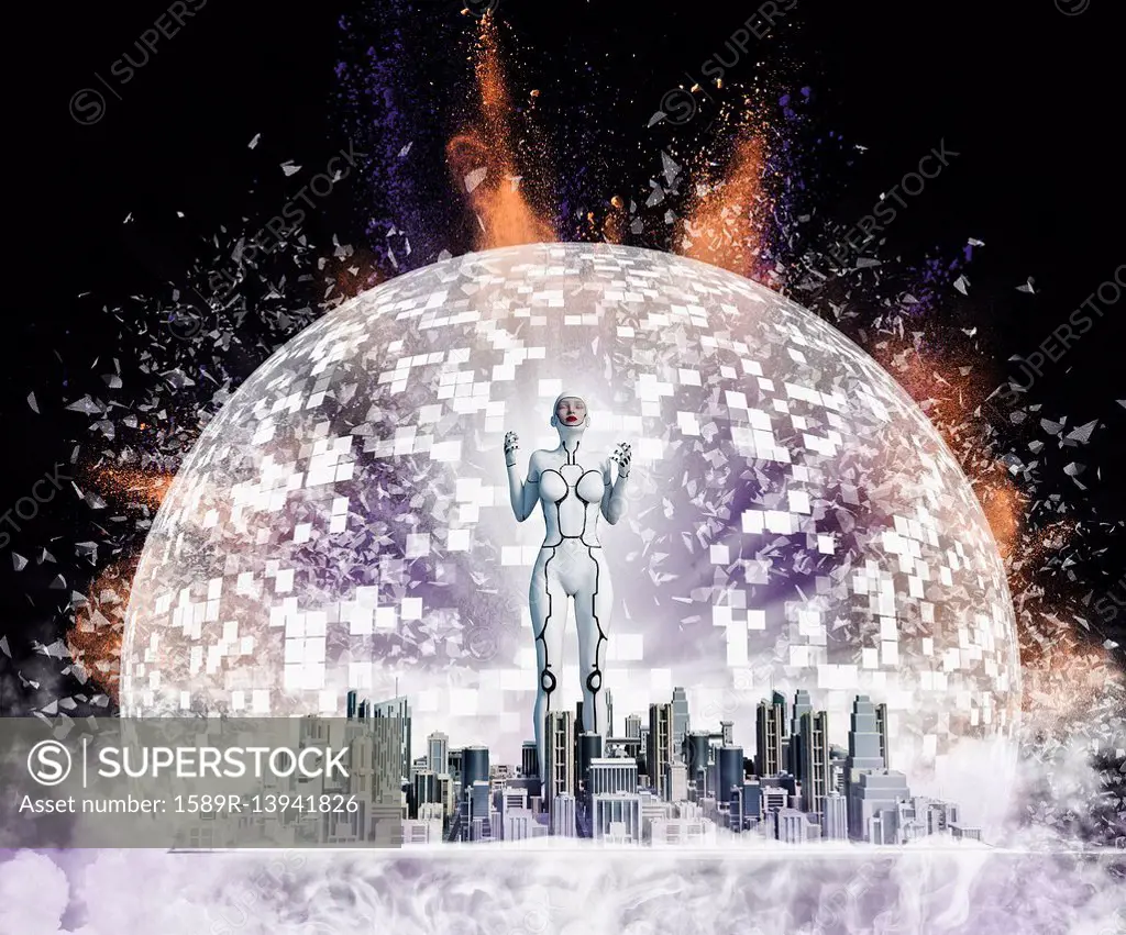 Robot woman standing in exploding city in sphere