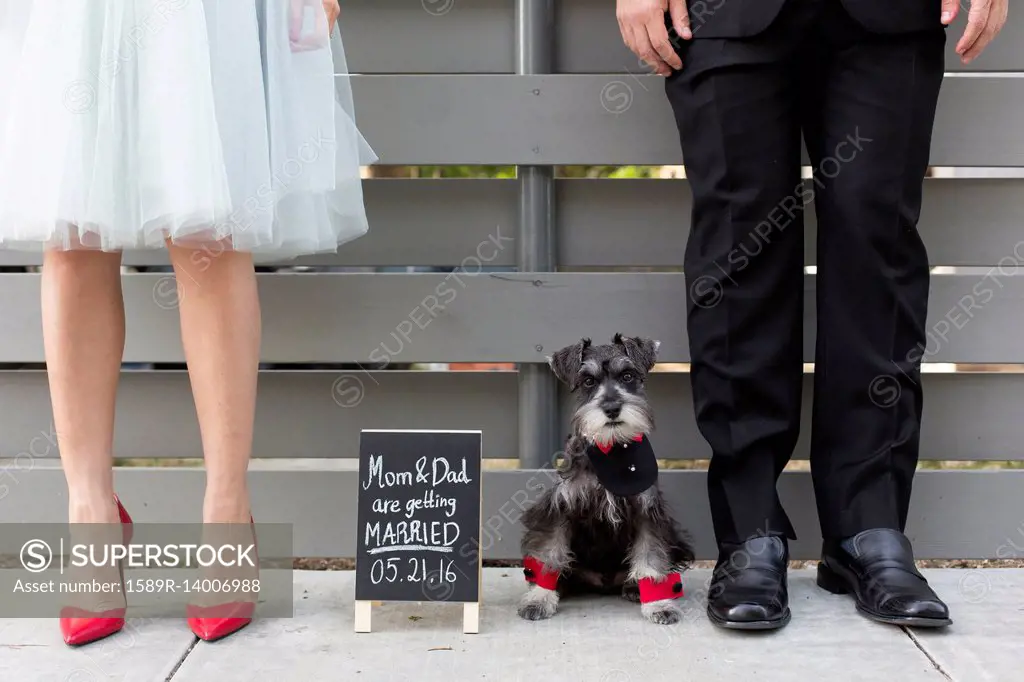Couple with dog near wedding announcement