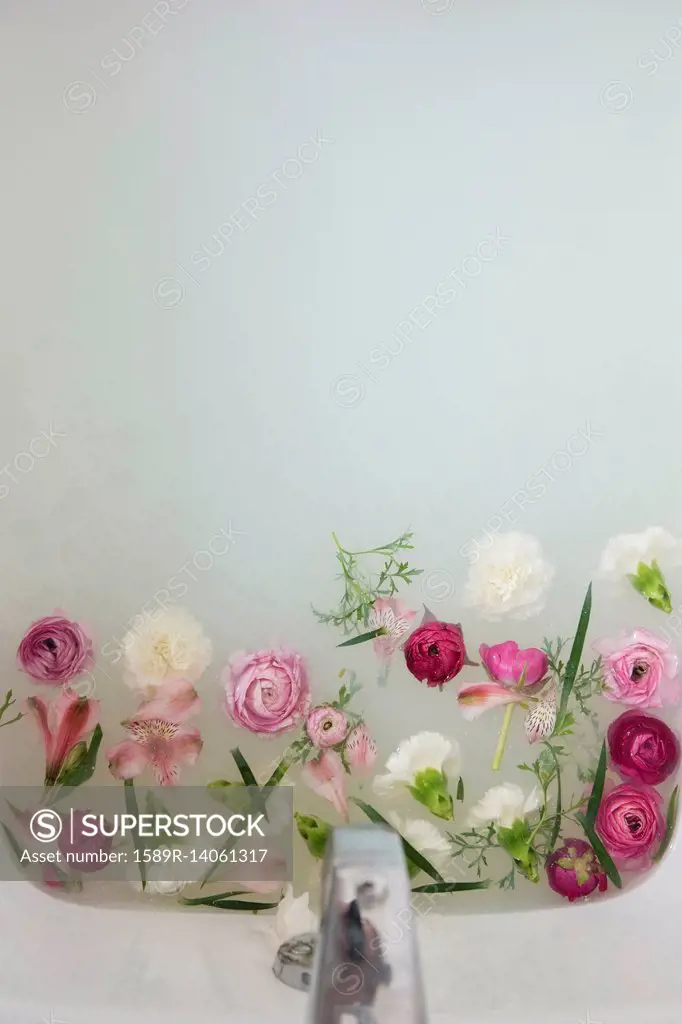 Flowers floating under faucet in a milk bath