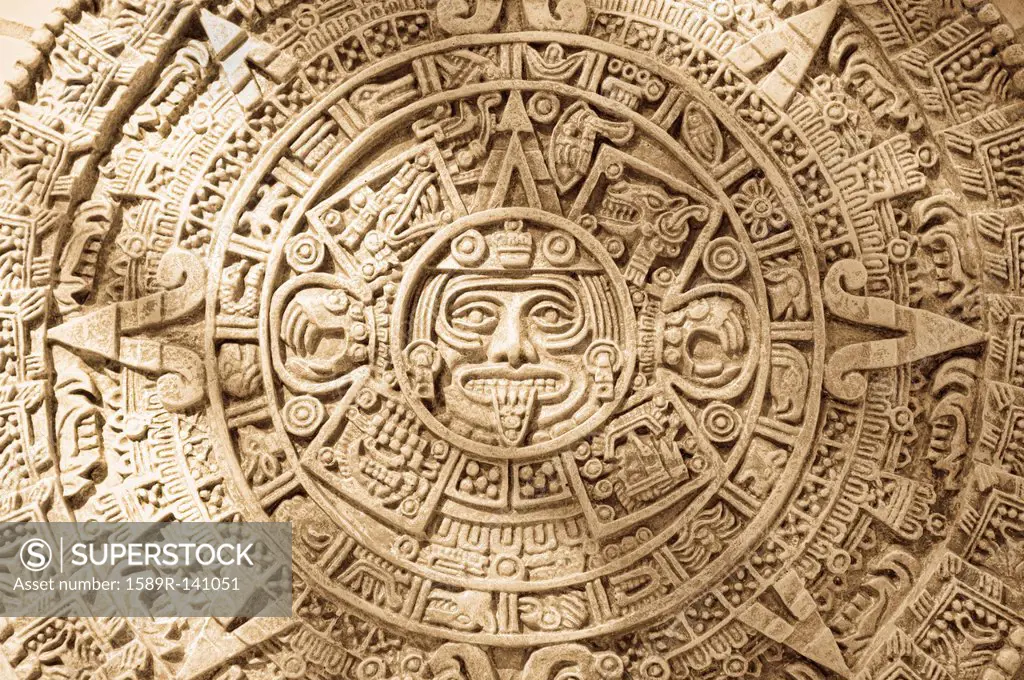 Close up of Aztec calendar stone carving