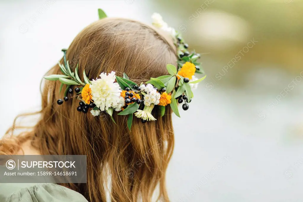 Close up of Middle Eastern woman wearing flower crown