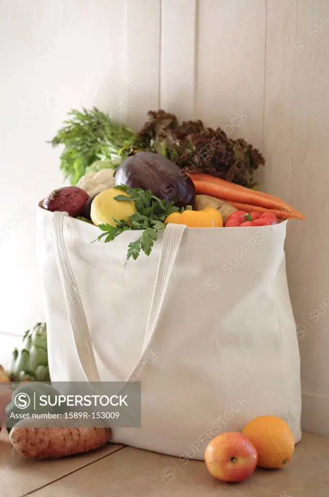 Variety of vegetables in reusable bag