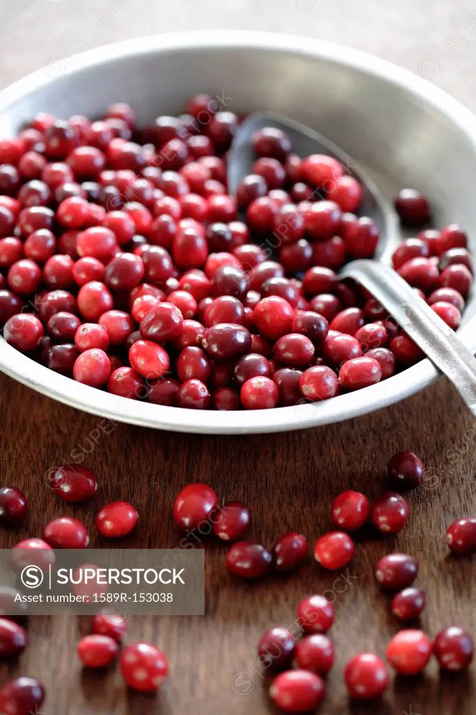 Cranberries and spoon in bowl