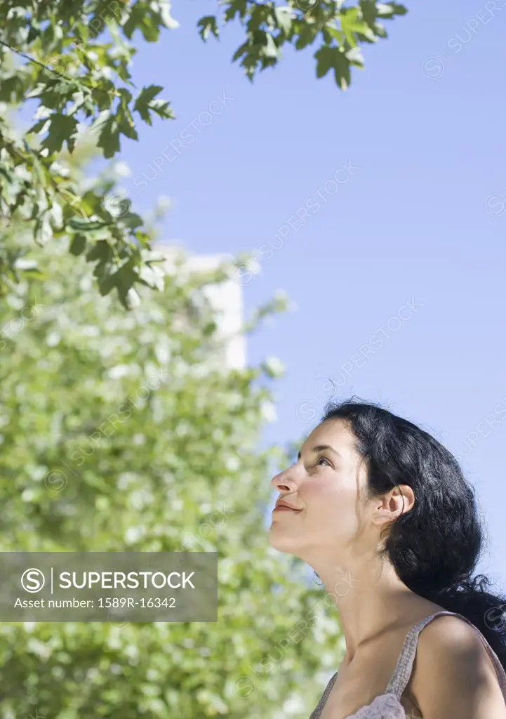 Young woman looking at tree