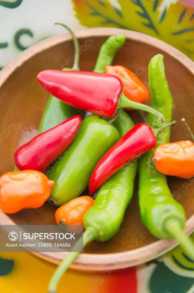 Colorful chili peppers in bowl