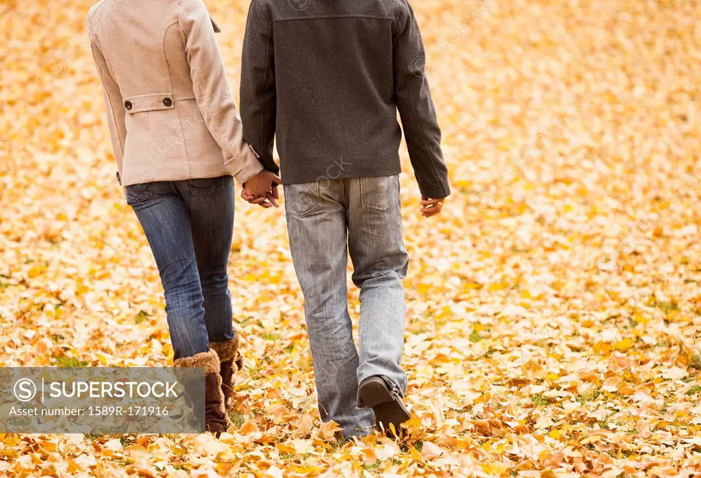Couple walking in autumn leaves