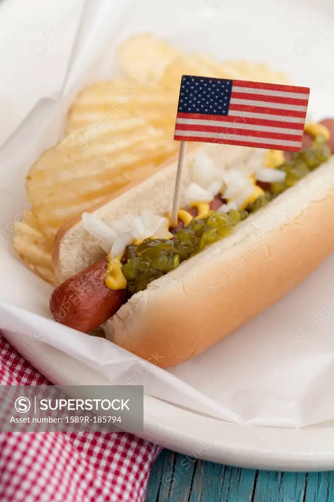Close up of hot dog with American flag
