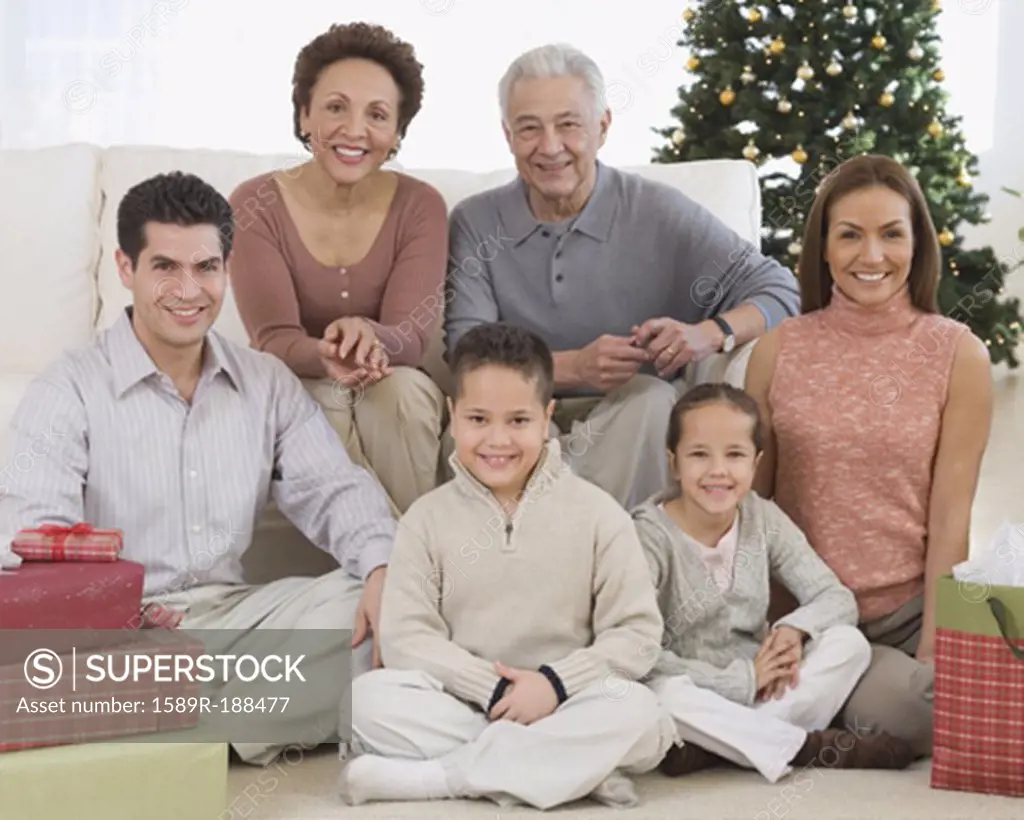 Multi-generational Hispanic family on Christmas