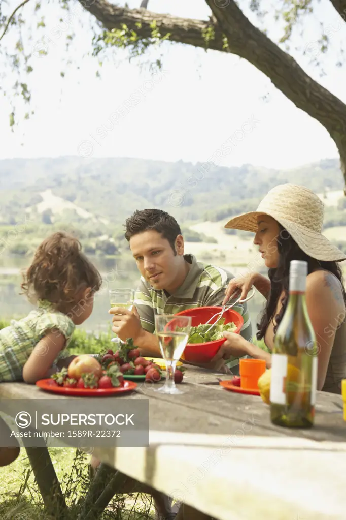 Family eating on a picnic table outdoors
