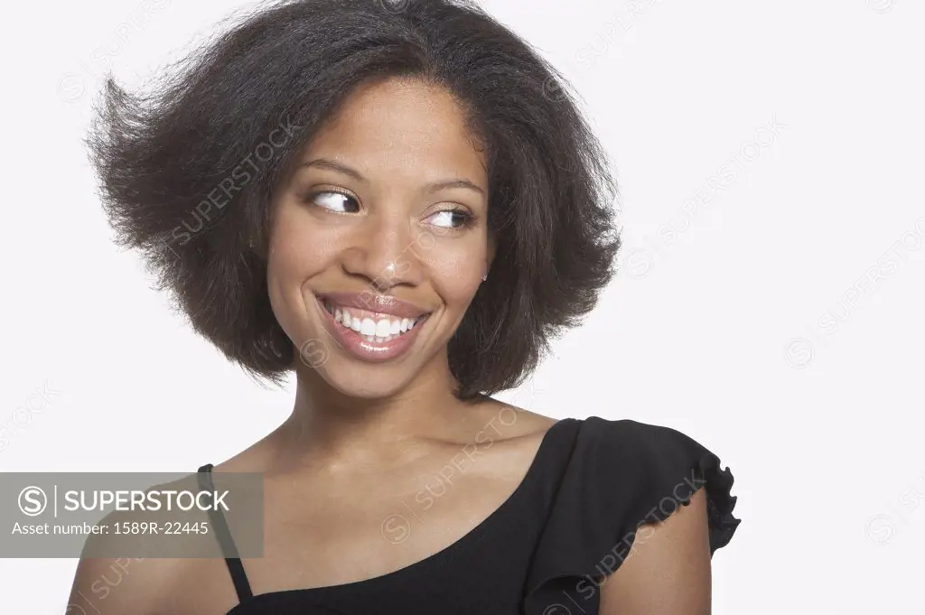 Close up portrait of woman in black smiling
