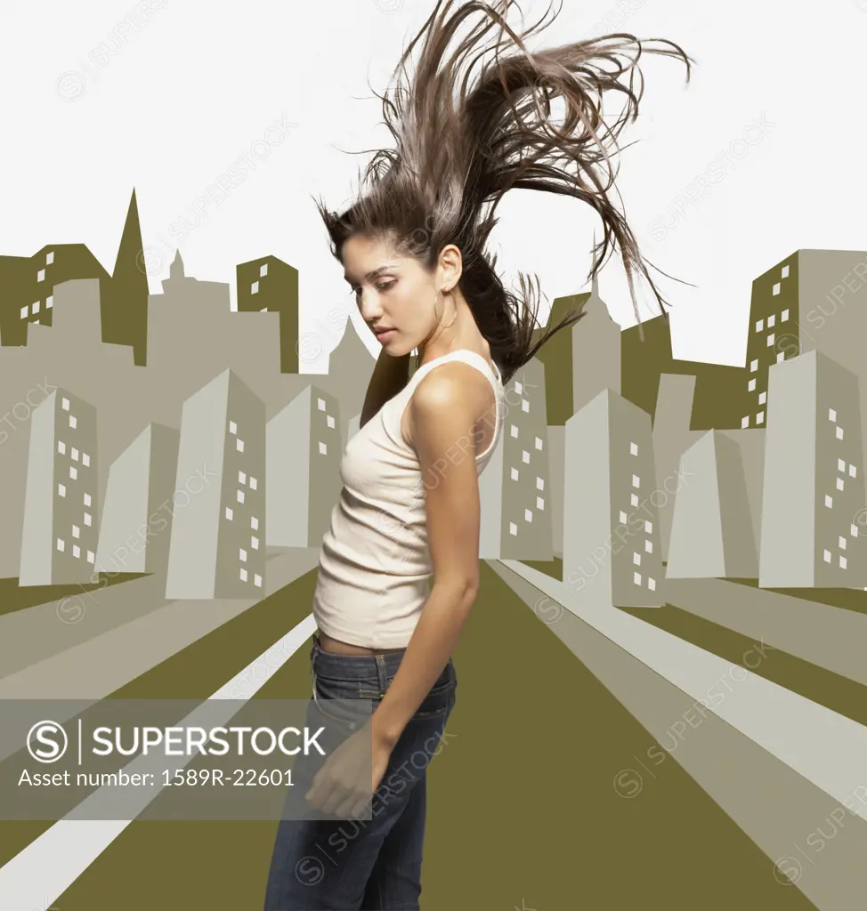 Woman dancing against city background