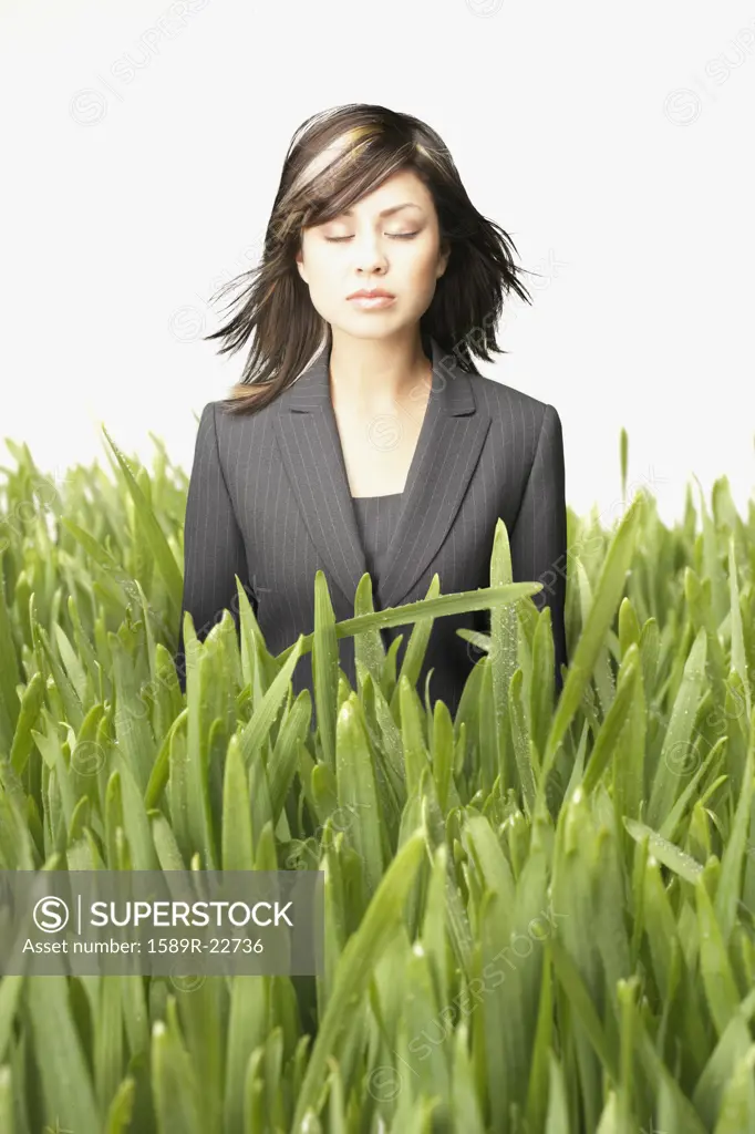 Businesswoman standing in tall grass