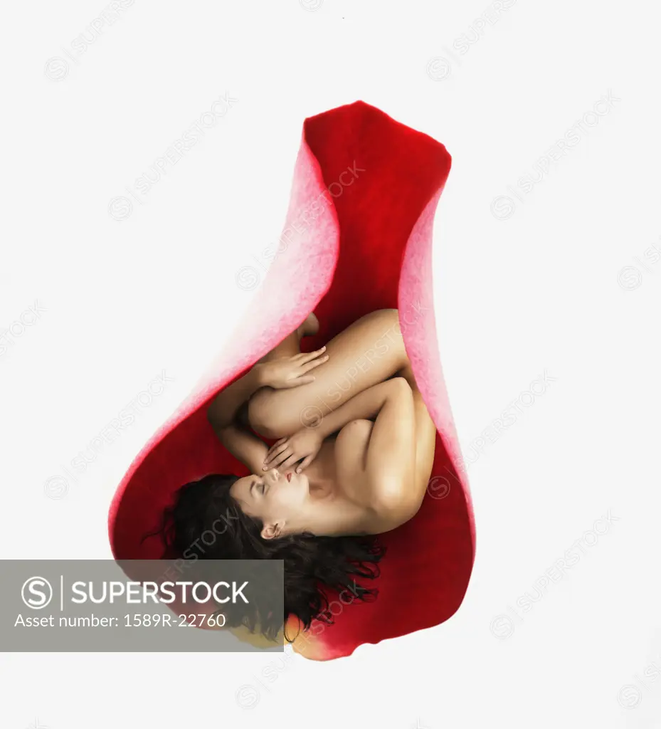 Young nude woman curled up in a giant flower petal