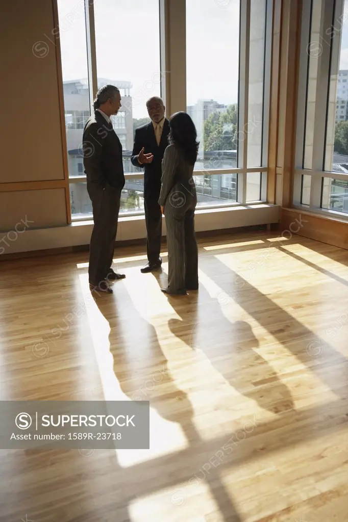 Three businesspeople talking in sunlit room, North Bethesda, Maryland, United States