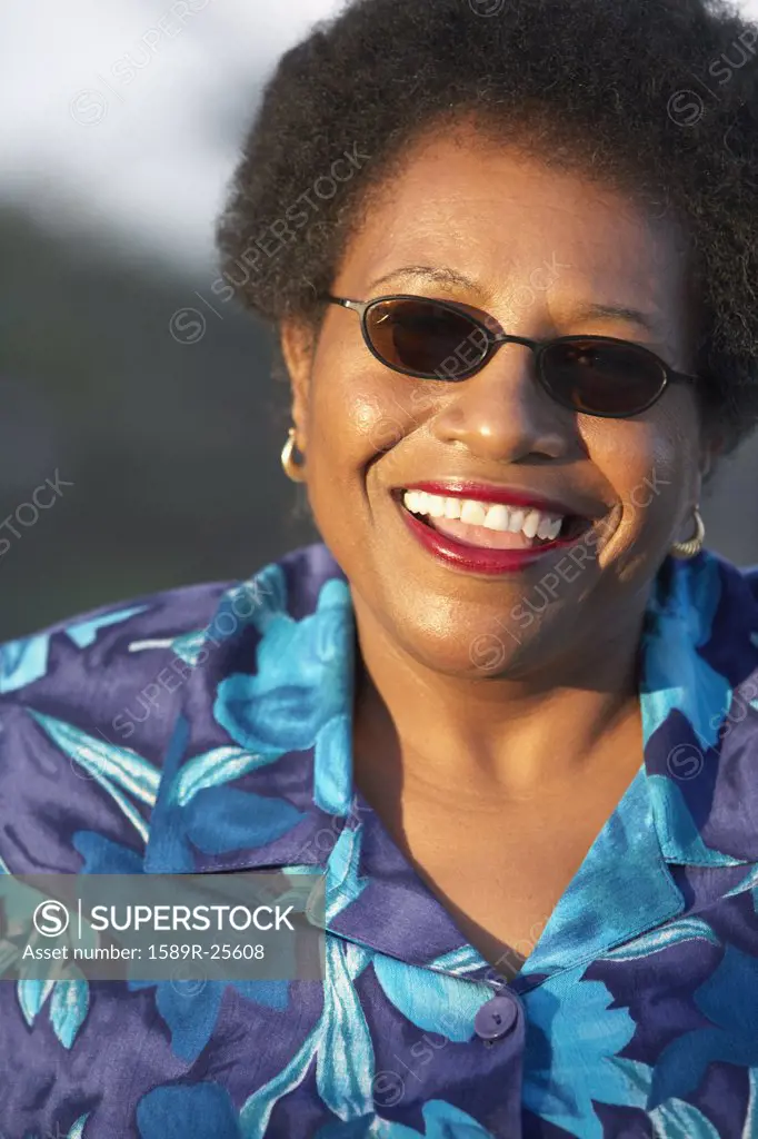 Close up of senior African American woman smiling