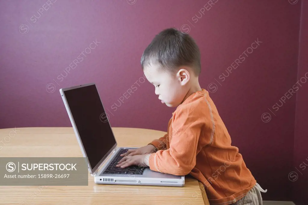 Young boy using laptop at table