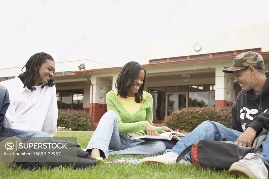 Group of African students studying in grass