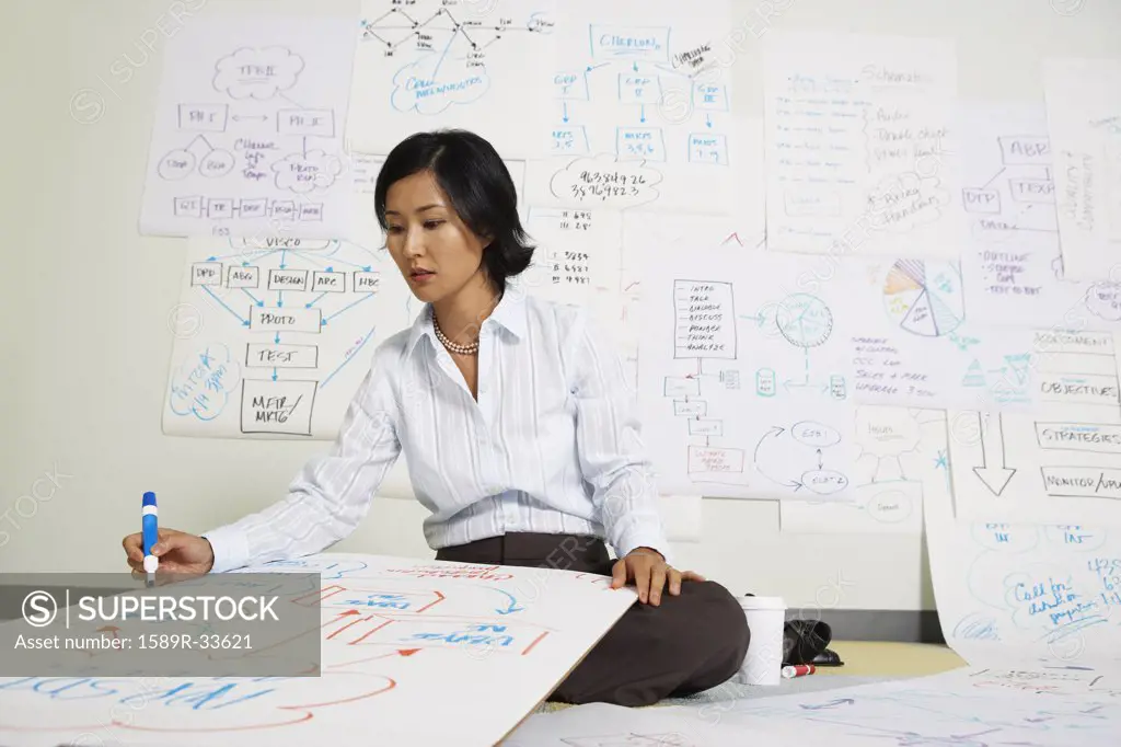 Asian businesswoman writing on flow chart