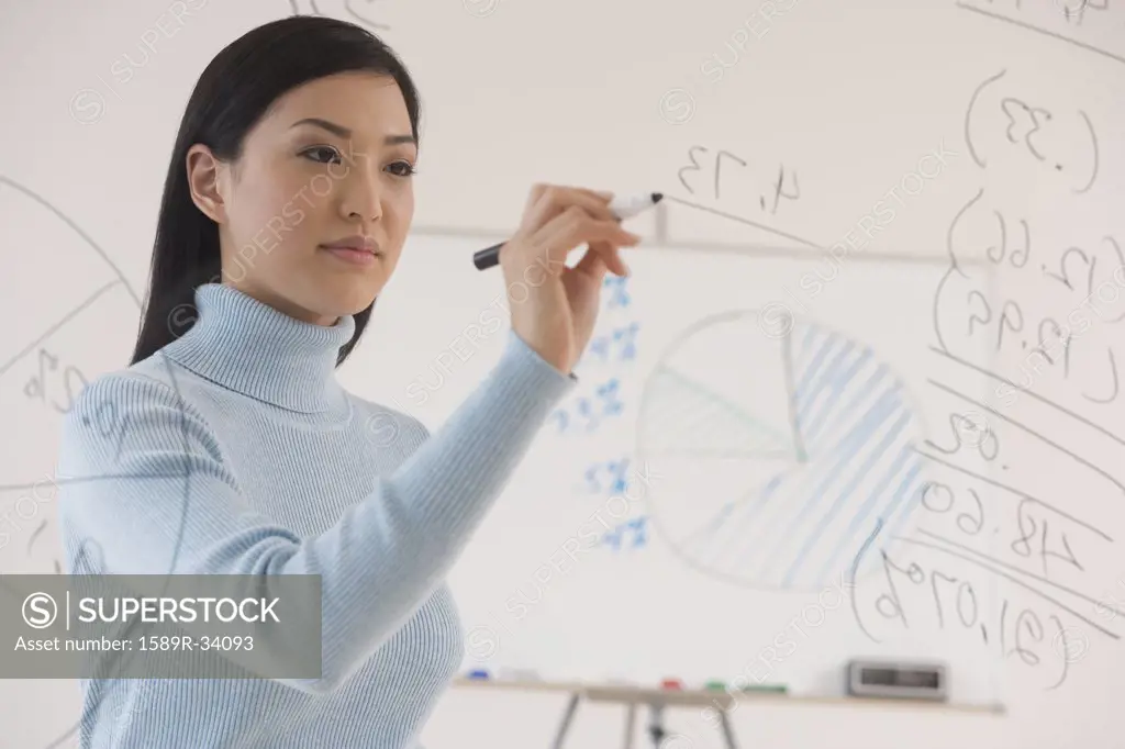 Asian businesswoman writing on white board