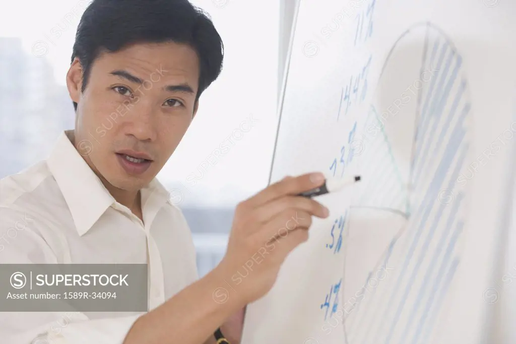 Asian businessman writing on whiteboard