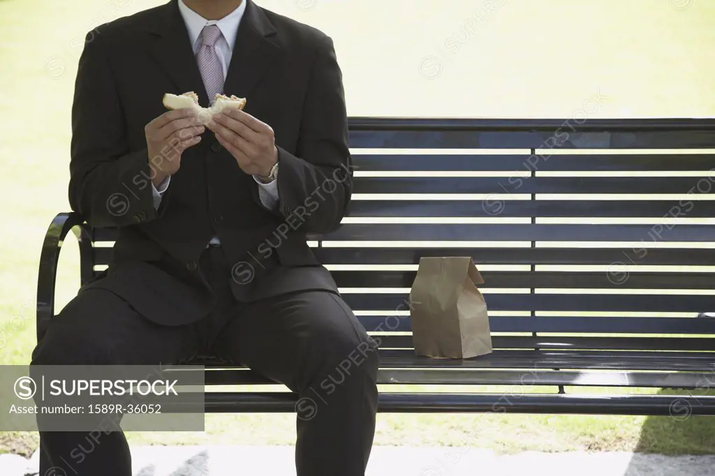 Businessman eating lunch on park bench
