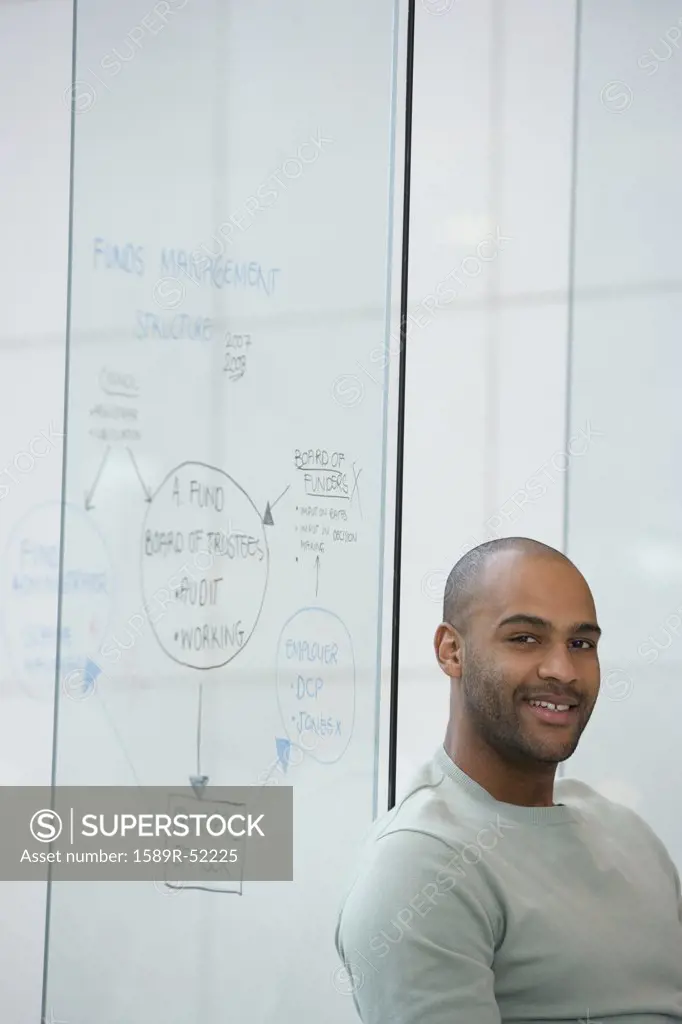 African businessman next to clear dry erase board