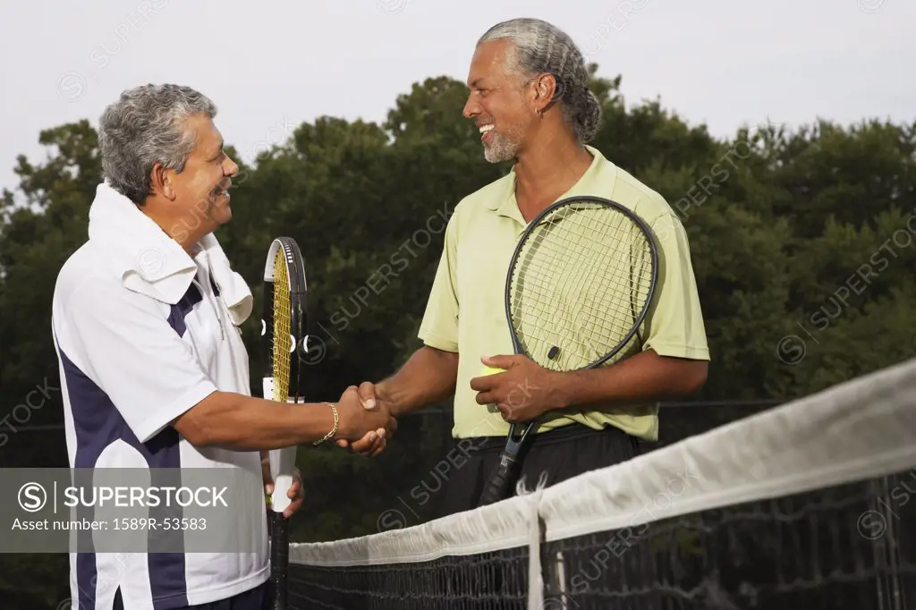 Multi-ethnic men shaking hands on tennis court