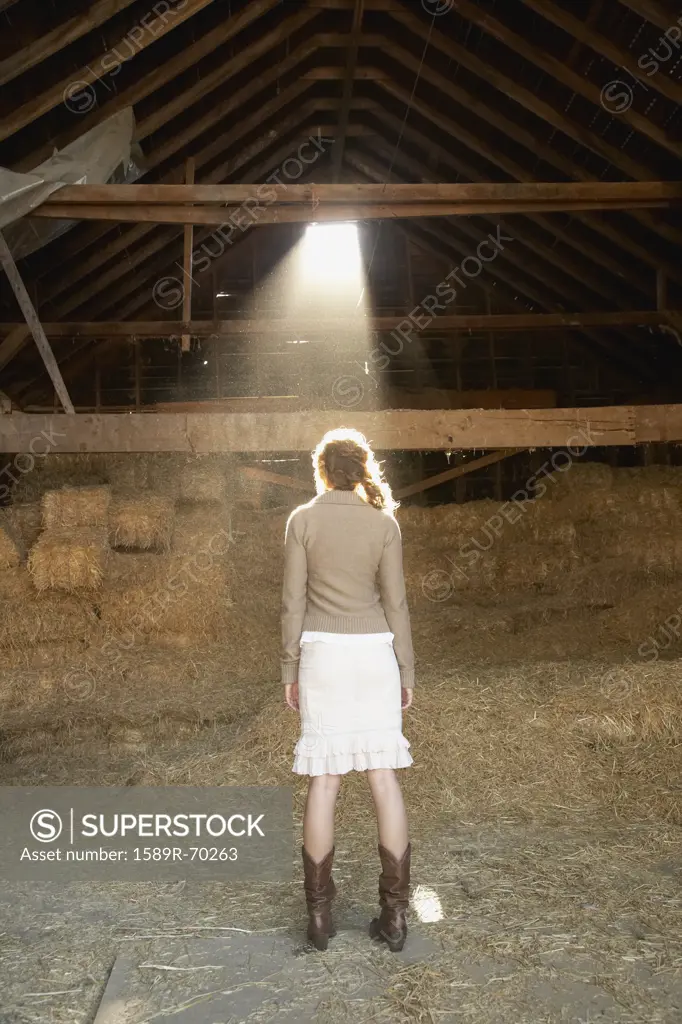 Rear view of Hispanic woman standing in sunlight in barn