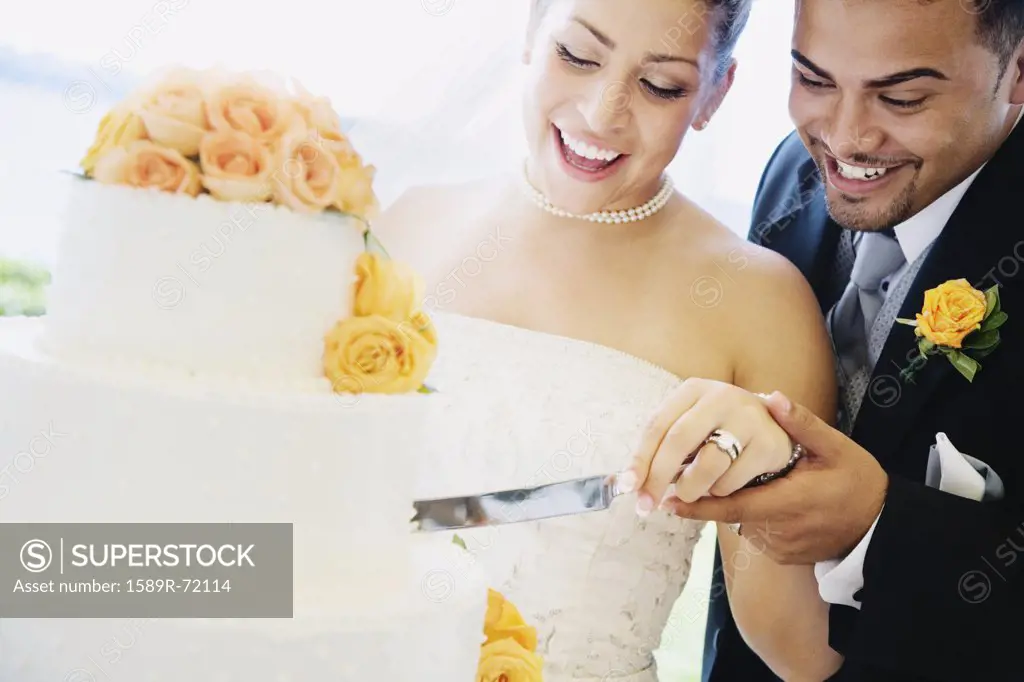 Multi-ethnic bride and groom cutting cake