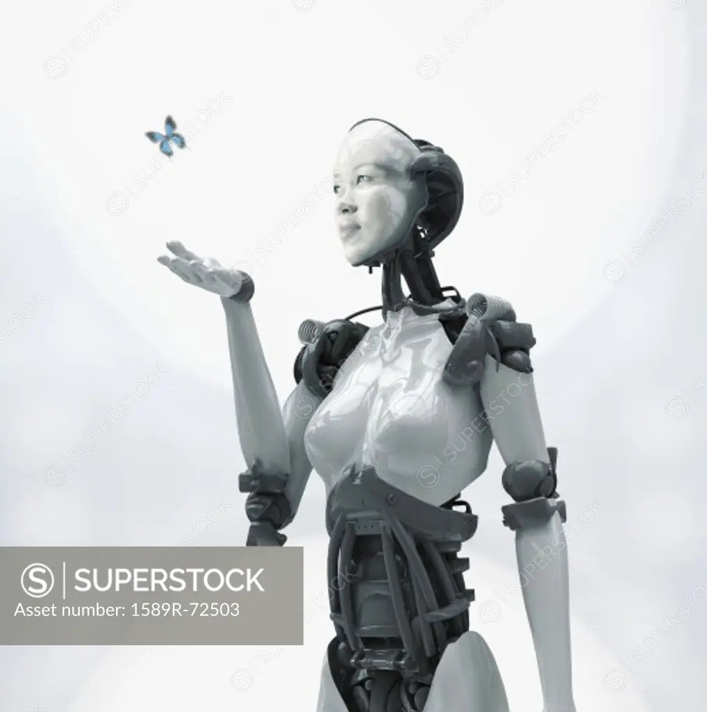 Digital composite of Asian woman's face on robot
