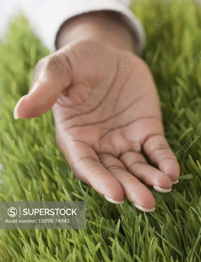 African womans hand open in grass