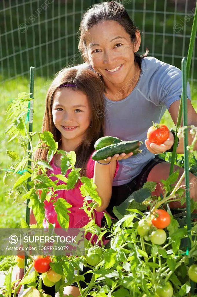 Japanese mother and daughter gardening