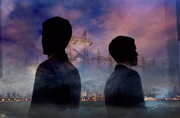 Double exposure of businessmen and power lines