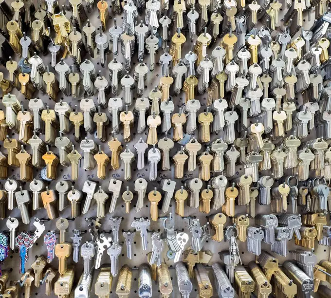 Keys on wall of locksmith