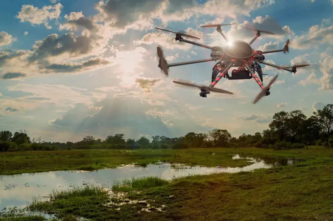 Drone hovering over swamp, Okavango delta, Botswana, Botswana,