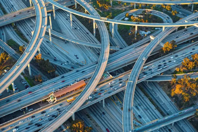 Aerial view of highway interchange in cityscape