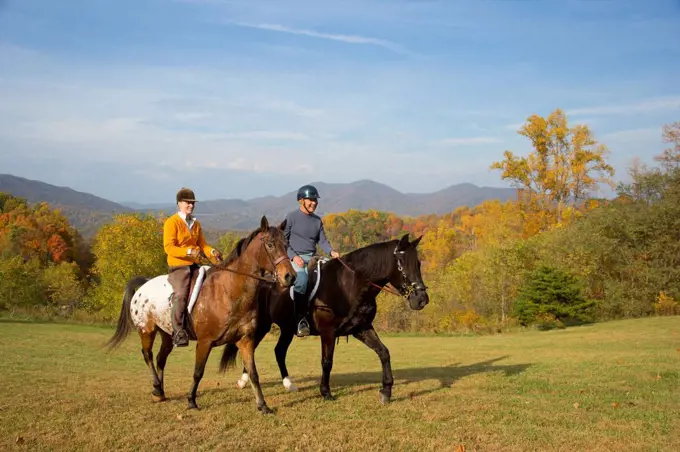 Older Caucasian couple horseback riding in field