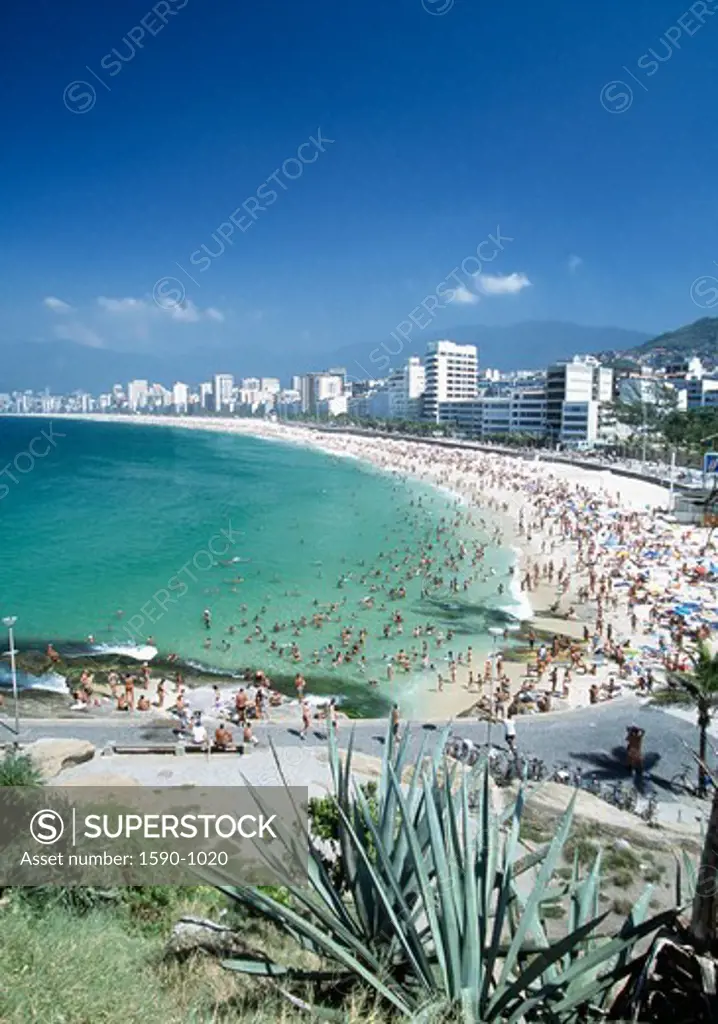 Brazil, Rio De Janeiro, Ipanema, Elevated view of crowded beach