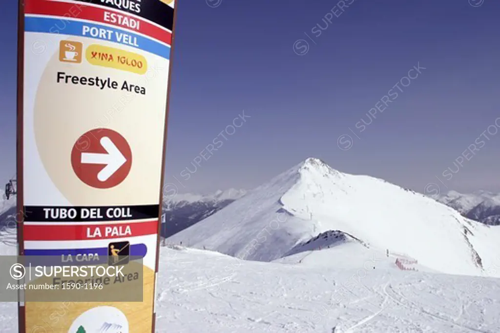 Andorra, Arinsal, Freestyle Area Sign, Snow Park