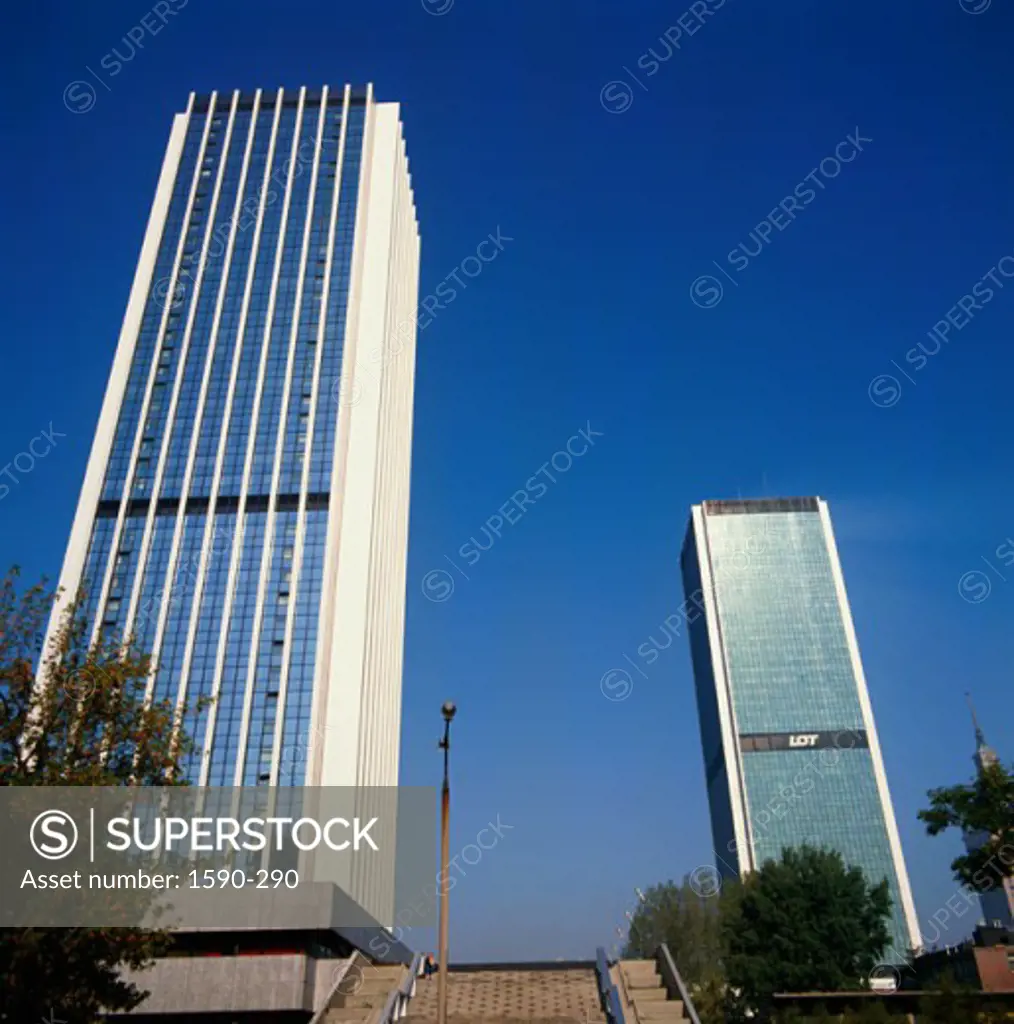 Low angle view of skyscrapers, Warsaw, Poland