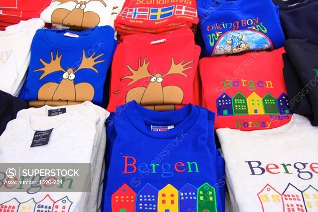 Norway, Bergen, Market, souvenir t-shirts