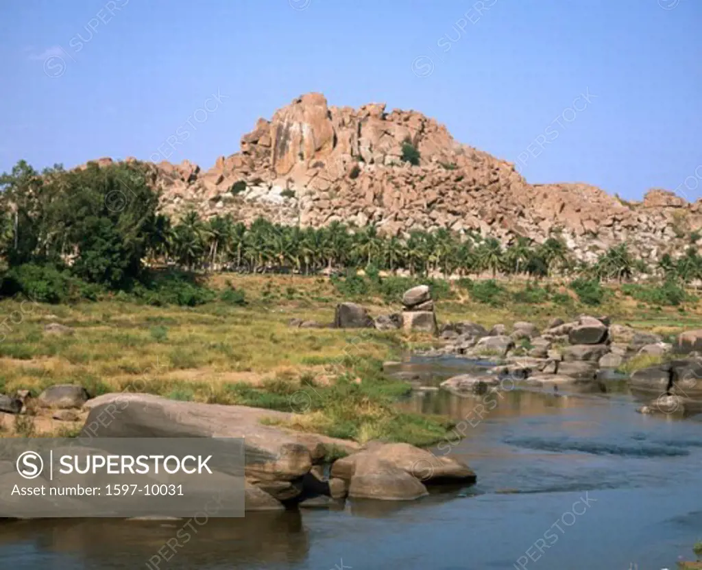  rocks, cliffs, cliff formation, river, flow, Hampi Vijayanagar, historical, India, Asia, Karnataka, palms, temple ru