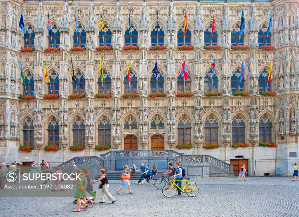 Belgium, Europe, Leuven, city hall, facade, Gothic, flags